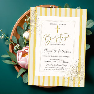 Invitation Croix d'or Diamant Rayures Jaunes Baptême