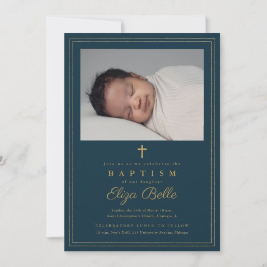 Invitation Croix d'or élégante Baptême et baptême religieux (Devant)