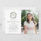 Invitation Croix d'or et de verdure Photo Première communion  (Devant)