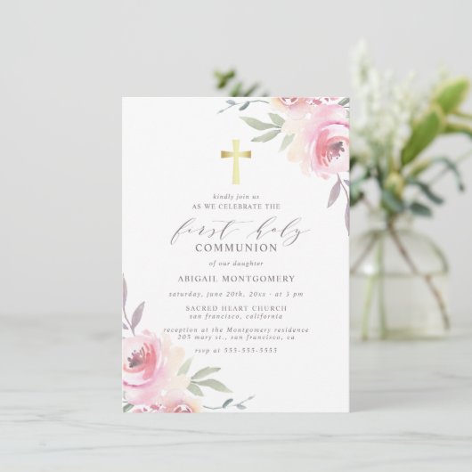 Invitation Croix d'or & Fleurs peintes Première communion sai (Debout devant)