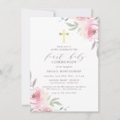 Invitation Croix d'or & Fleurs peintes Première communion sai (Devant)