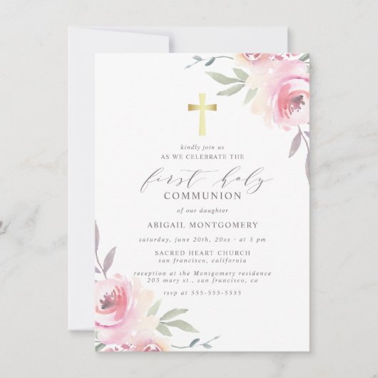 Invitation Croix d'or & Fleurs peintes Première communion sai (Devant)