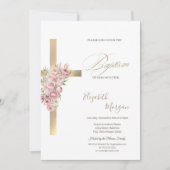 Invitation Croix d'or Fleurs roses Baptême Parties scintillan (Devant)