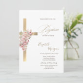 Invitation Croix d'or Fleurs roses Baptême Parties scintillan (Debout devant)