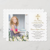 Invitation Croix d'or florale blanche photo Sainte communion (Devant / Derrière)