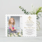 Invitation Croix d'or florale blanche photo Sainte communion (Debout devant)