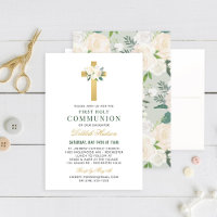 Croix d'or florale verte Première communion sainte