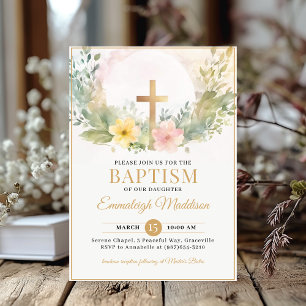 Invitation Croix d'or Florals baptême ou baptême