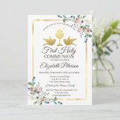 Invitation Croix d'or Frame Floral Première Sainte Communion (Debout devant)