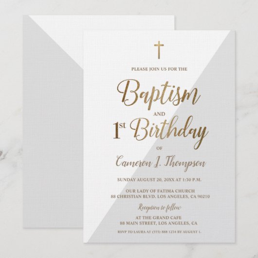 Invitation Croix d'or gris blanc Baptême 1er anniversaire (Devant / Derrière)