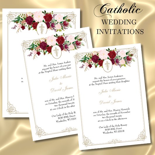 Invitation Croix d'or Mariage catholique florale