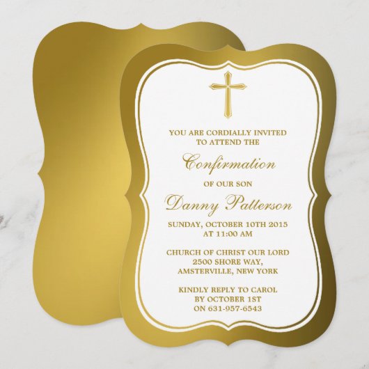 Invitation Croix d'or métallique Sainte Communion Ou Confirma (Devant / Derrière)