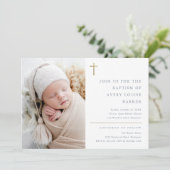 Invitation Croix d'or minimal moderne Baptême photo (Debout devant)