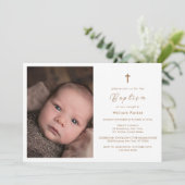 Invitation Croix d'or moderne Elegant Baptême photo bébé (Debout devant)