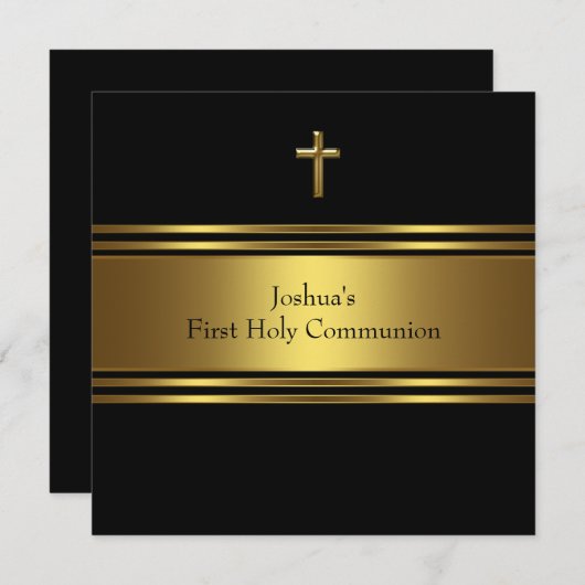 Invitation Croix d'or noir garçons Première communion (Devant / Derrière)