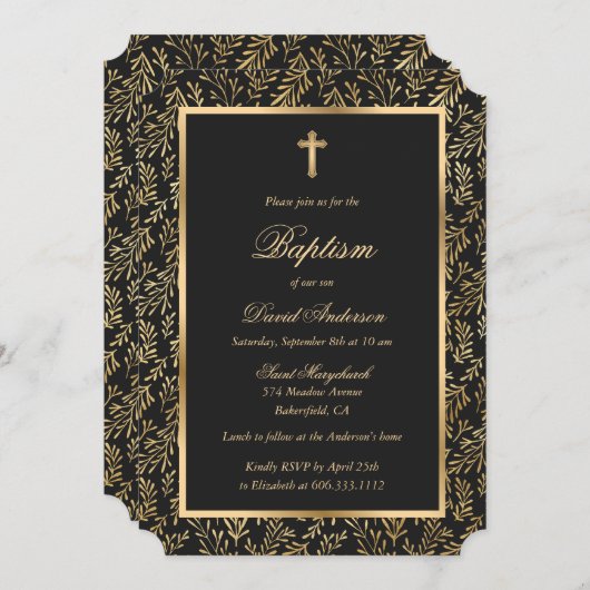 Invitation Croix d'or noir vert Script Baptême (Devant / Derrière)