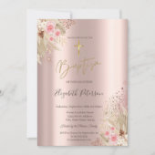 Invitation Croix d'or Pampas Fleurs d'herbe Baptême Rose Or (Devant)
