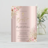 Invitation Croix d'or Pampas Fleurs d'herbe Baptême Rose Or (Debout devant)