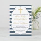 Invitation Croix d'or rayée bleu marine Première communion sa (Debout devant)
