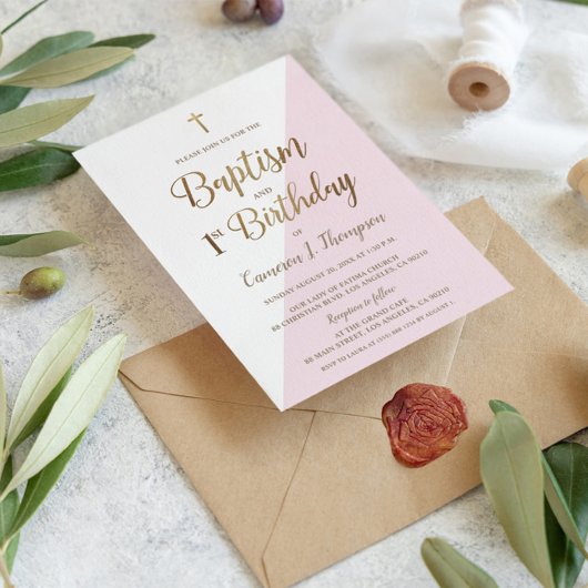 Invitation Croix d'or rose Baptême 1er anniversaire