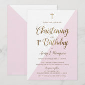 Invitation Croix d'or rose baptême 1er anniversaire (Devant / Derrière)