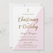 Invitation Croix d'or rose baptême 1er anniversaire (Devant)