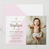 Invitation Croix d'or rose Baptême bébé fille photo (Devant / Derrière)