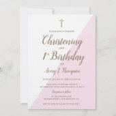 Invitation Croix d'or rose Christening 1er anniversaire combi (Devant)