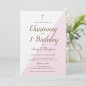 Invitation Croix d'or rose Christening 1er anniversaire combi (Debout devant)