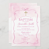 Invitation Croix d'or rose de la fille baptême de baptême de (Devant / Derrière)