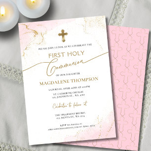 Invitation Croix d'or rose Fille première sainte communion