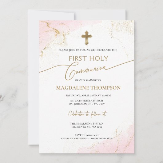 Invitation Croix d'or rose Fille première sainte communion (Devant)