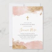 Invitation Croix d'or rose Filles Baptême Christening (Devant)
