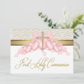 Invitation Croix d'or rose Filles Première communion rose (Debout devant)