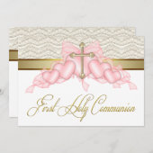 Invitation Croix d'or rose Filles Première communion rose (Devant / Derrière)