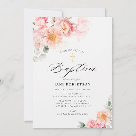 Invitation croix d'or rose floral (Devant)