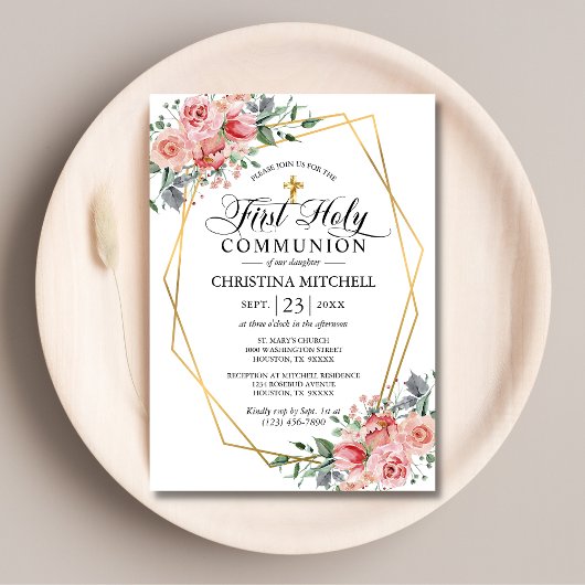 Invitation Croix d'or rose Floral Première Sainte Communion F