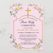 Invitation Croix d'or rose joli 1ère sainte communion (Devant / Derrière)