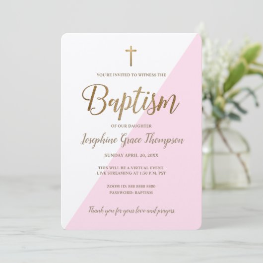 Invitation Croix d'or rose moderne Baptême virtuel (Debout devant)