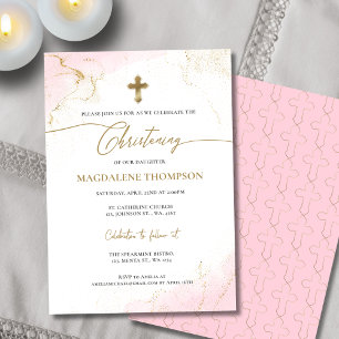 Invitation Croix d'or rose moderne Christening fille