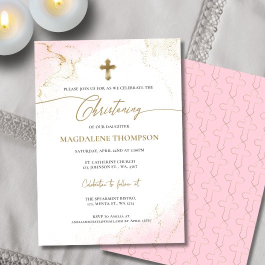 Invitation Croix d'or rose moderne Christening fille
