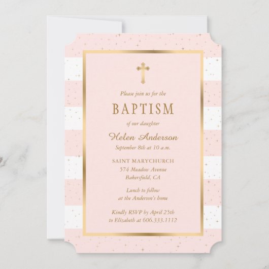 Invitation Croix d'or rose moderne Stars Girl Baptism (Devant)