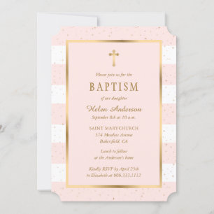 Invitation Croix d'or rose moderne Stars Girl Baptism