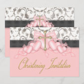 Invitation Croix d'or rose Noir Filles Christening rose (Devant / Derrière)