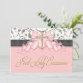 Invitation Croix d'or rose Noir Filles Première communion ros (Debout devant)