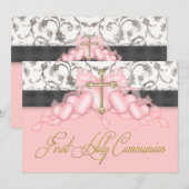 Invitation Croix d'or rose Noir Filles Première communion ros (Devant / Derrière)