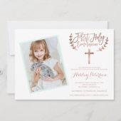 Invitation Croix d'or rose photo Première Sainte Communion 2 (Devant)