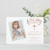 Invitation Croix d'or rose photo Première Sainte Communion 2 (Debout devant)