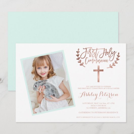 Invitation Croix d'or rose photo Première Sainte Communion 2 (Devant / Derrière)
