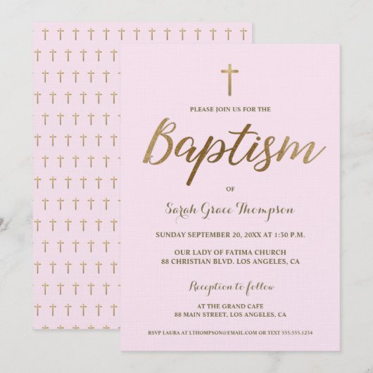 Invitation Croix d'or rose rousse personnalisée Baby Girl Bap (Devant / Derrière)